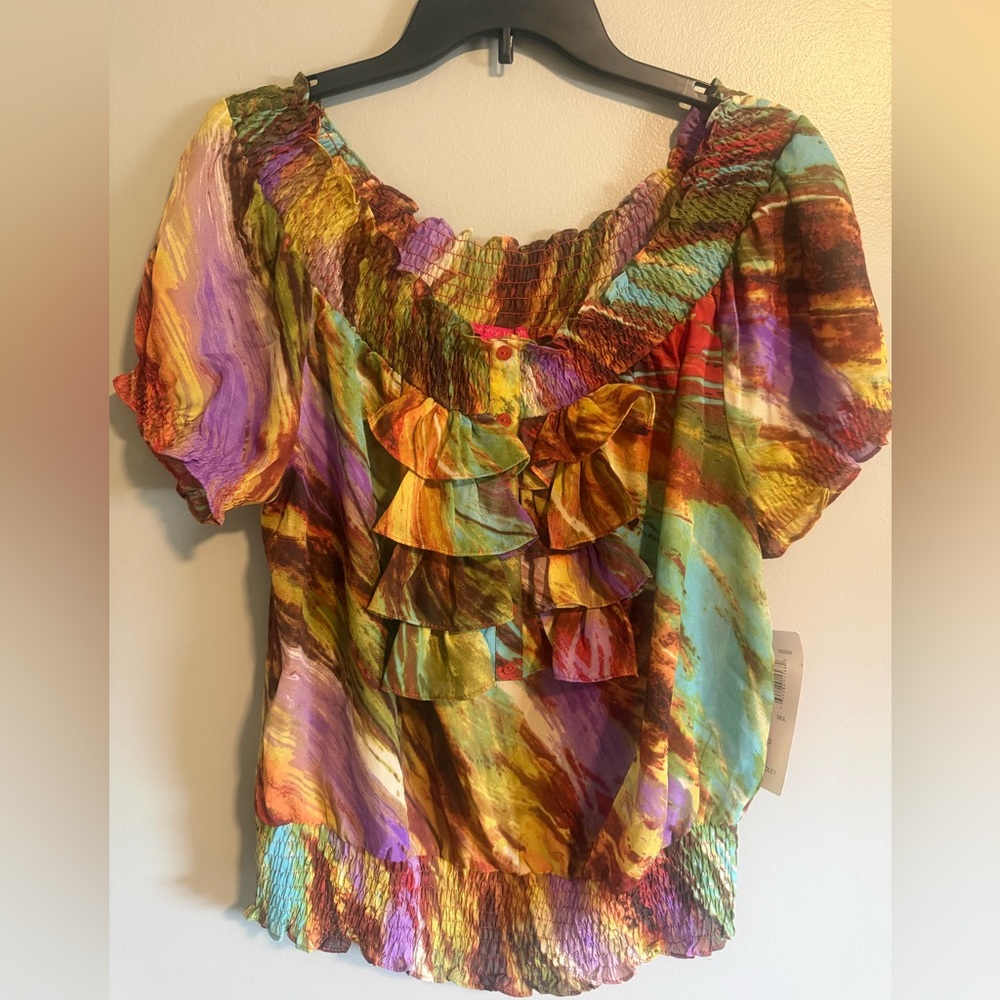 Sunny Leigh Multicolor Ruffled Boho Peasant Blouse size XL NWT